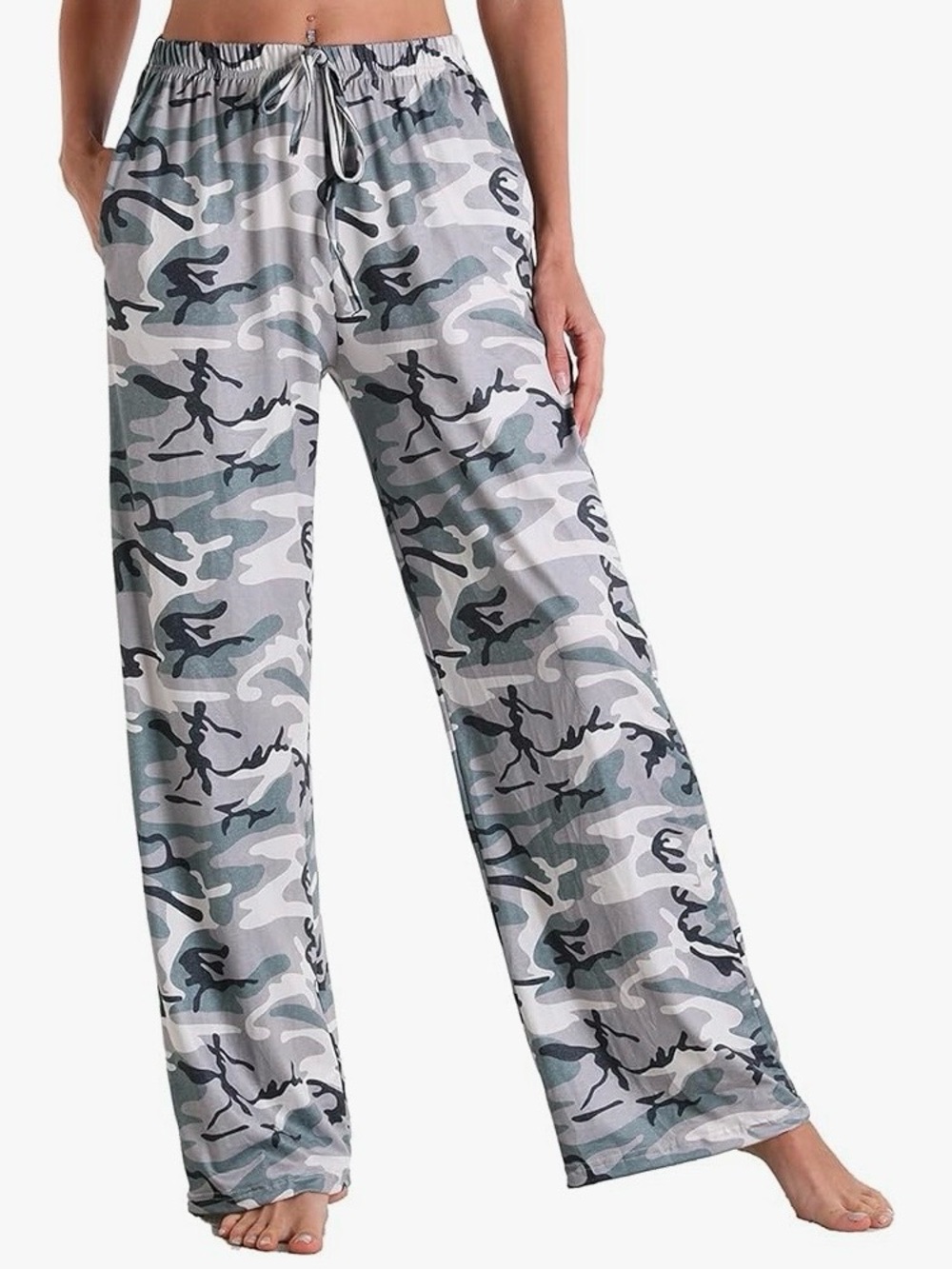 Gray, Green Multi Colored Camo Drawstring Lounge Pants, Size Medium
